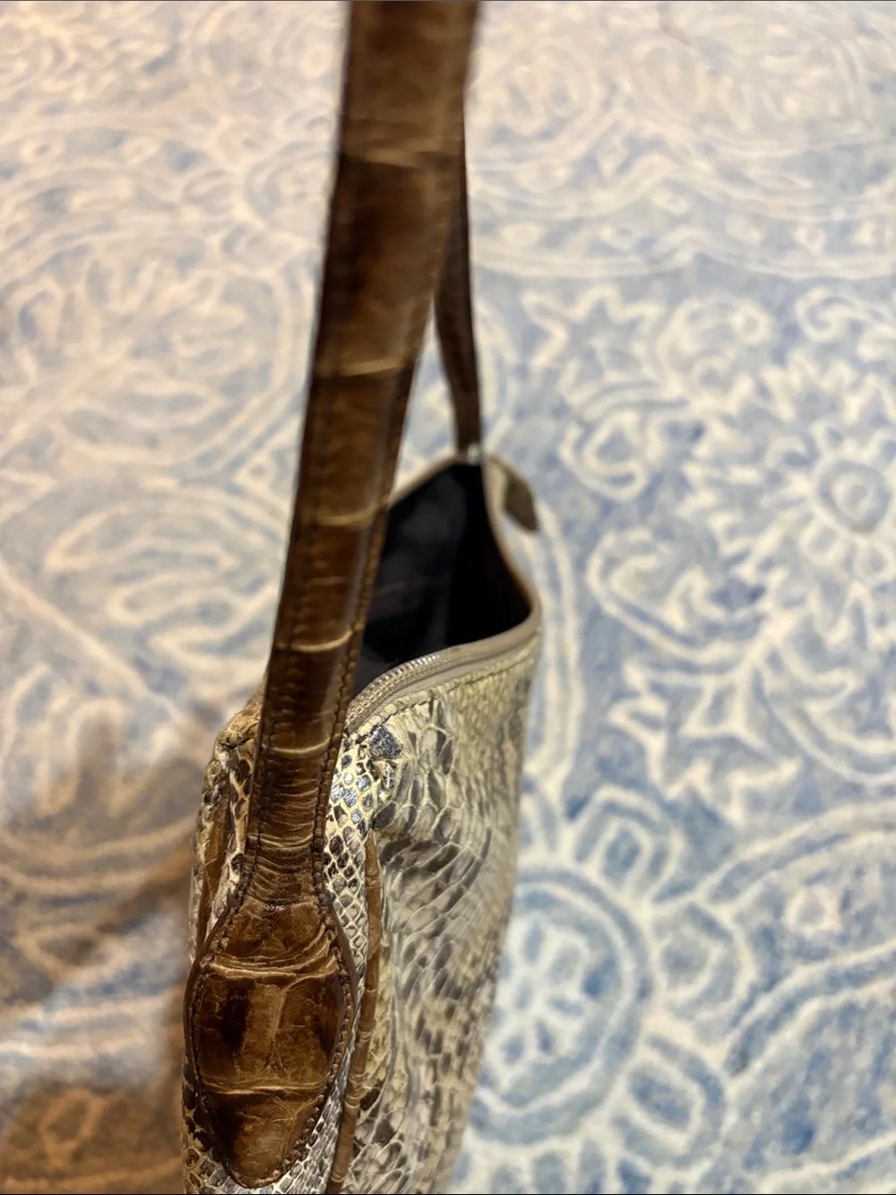 Metallic Snake-Print Shoulder Bag in Taupe
